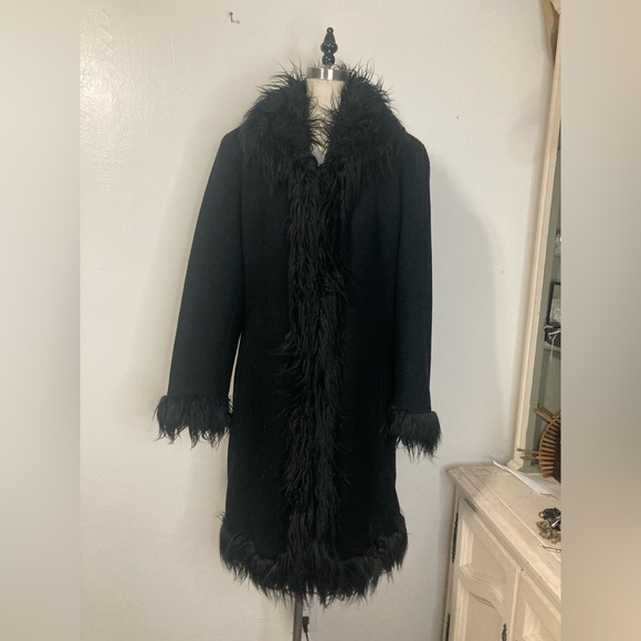 Vtg Esprit wool coat w faux Mongolian fur trim XL - Picture 5 of 13